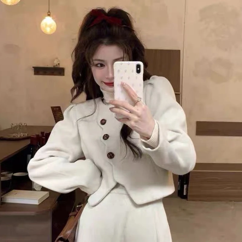 

Woman's French Vintage Short Wavy Woolen Coat Skirt Suit Solid Color Round Neck Irregular Overskirt Two-piece Set