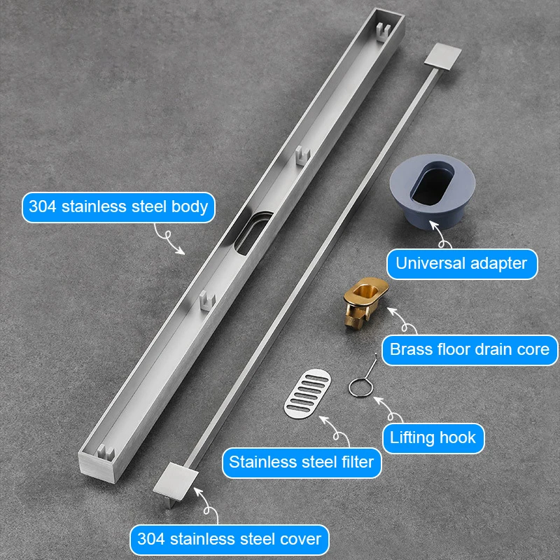 Drenaje de ducha a prueba de olores, drenaje de acero inoxidable para baño, 100cm, cepillado, lineal estrecho, núcleo antiolor, drenaje de piso