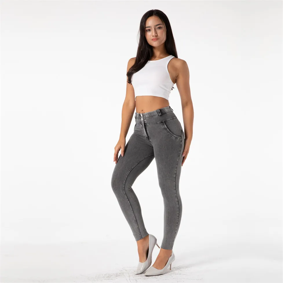 Shascullfites-pantalones vaqueros elásticos de cuatro vías para mujer, Vaqueros elásticos de Color gris, tiro medio, Push Up, pitillo de alta