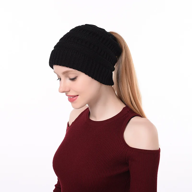 Women Ponytail Beanie Hat Twist Cable Knitted Messy Bun Hole Winter Warm Skull Cap Stretch High Ponytail Knit Beanie For Ladies