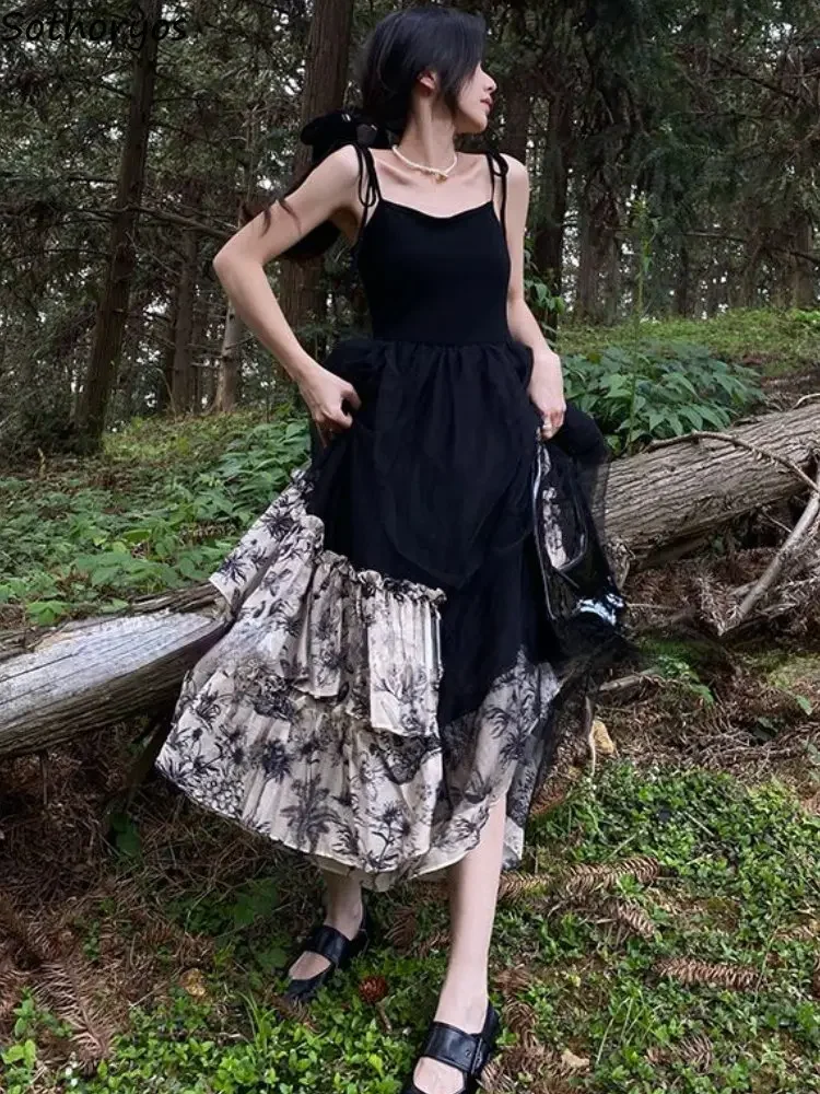 Spaghetti Strap Dresses Women Patchwork Elegant Sexy Empire Design Retro Midi Vestidos Ulzzang Daily Sleeveless Ladies Summer