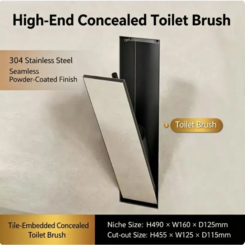 Hidden toilet brush holder+stainless steel 304 embedded toilet brush bathroom storage rack, saving space and convenient