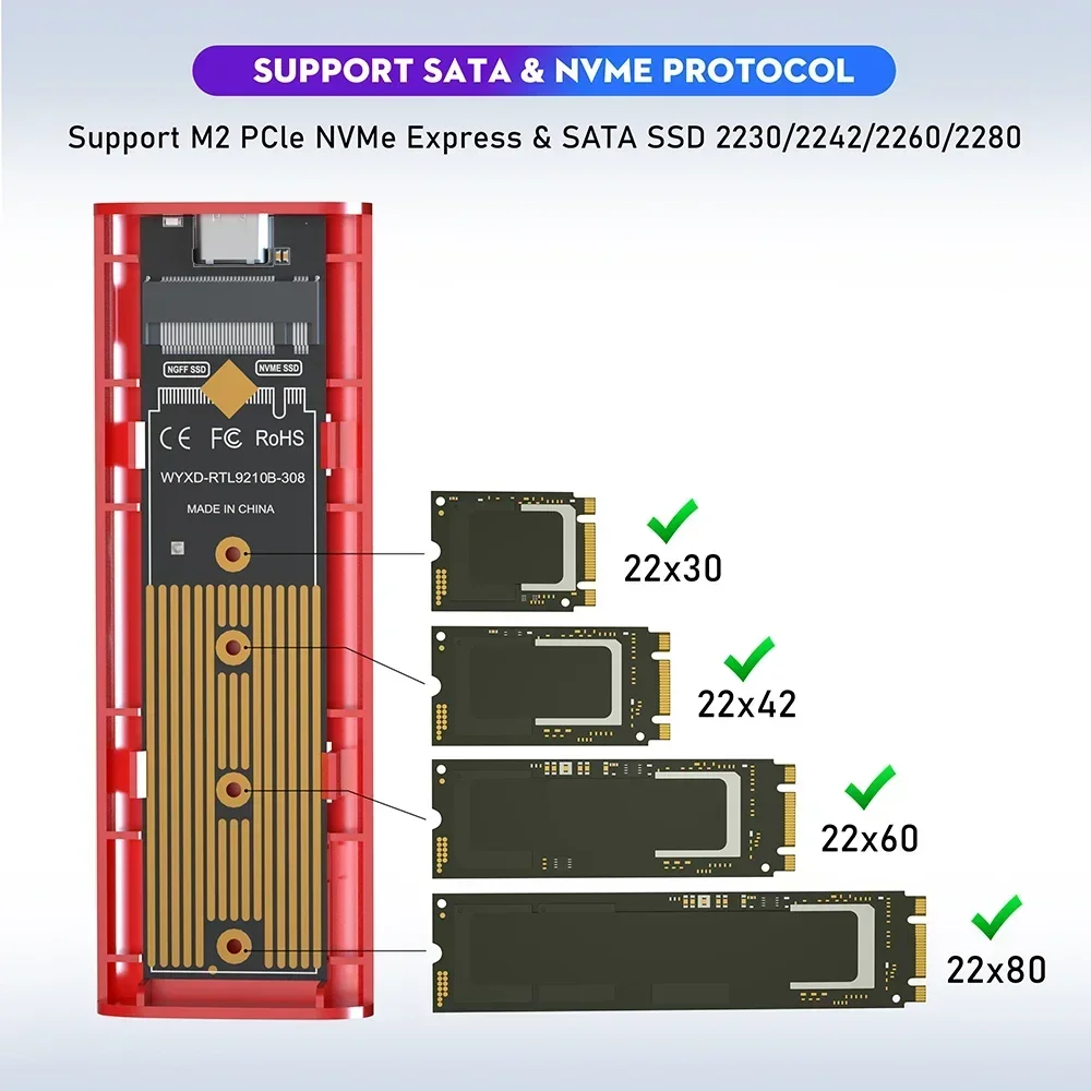 M2 SSD Case NVME Enclosure M.2 to USB 3.1 SSD Adapter Box Case for NVME PCIE NGFF SATA M+B Key 2230/2242/2260/2280 Dual Protocol