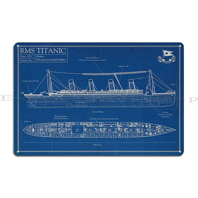 Rms Titanic Blueprint Metal Plaque Classic Party Kitchen Pub Designer Tin Sign Poster