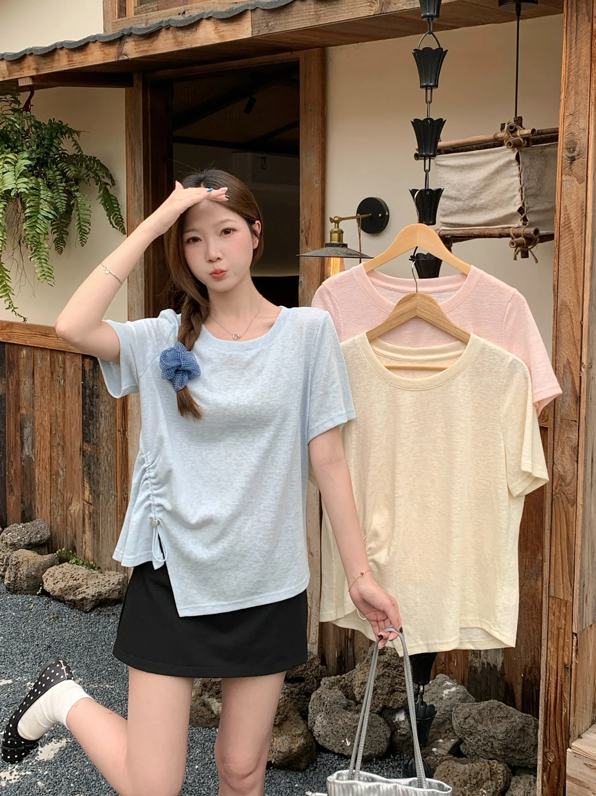 

plus Size Women's T-Shirt Drawstring Side Slit Loose Fit round Neck Short Sleeve Breathable Comfortable Korean Style Casual Wear