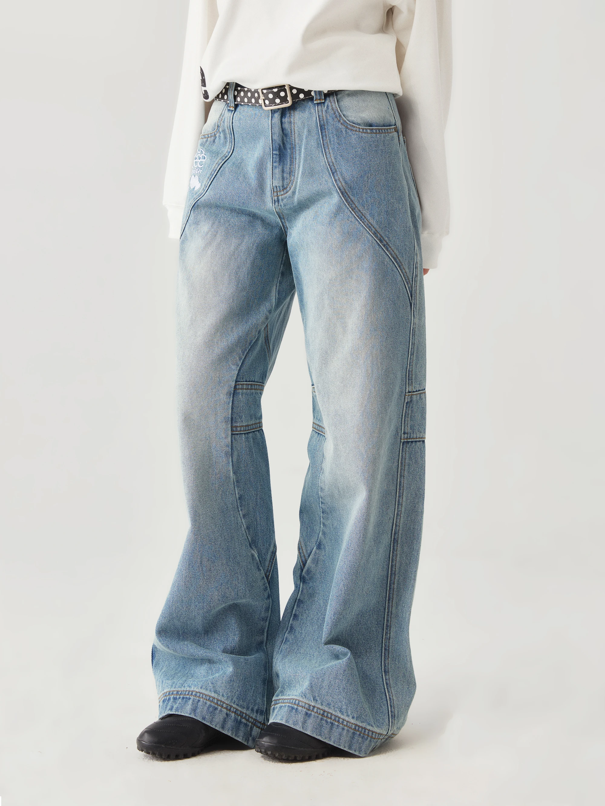 Deconstructivism Design Straight Leg Jeans Heavy Embroidery Letter Workwear Blue Denim mid Waist Zipper Closure Casual Fit