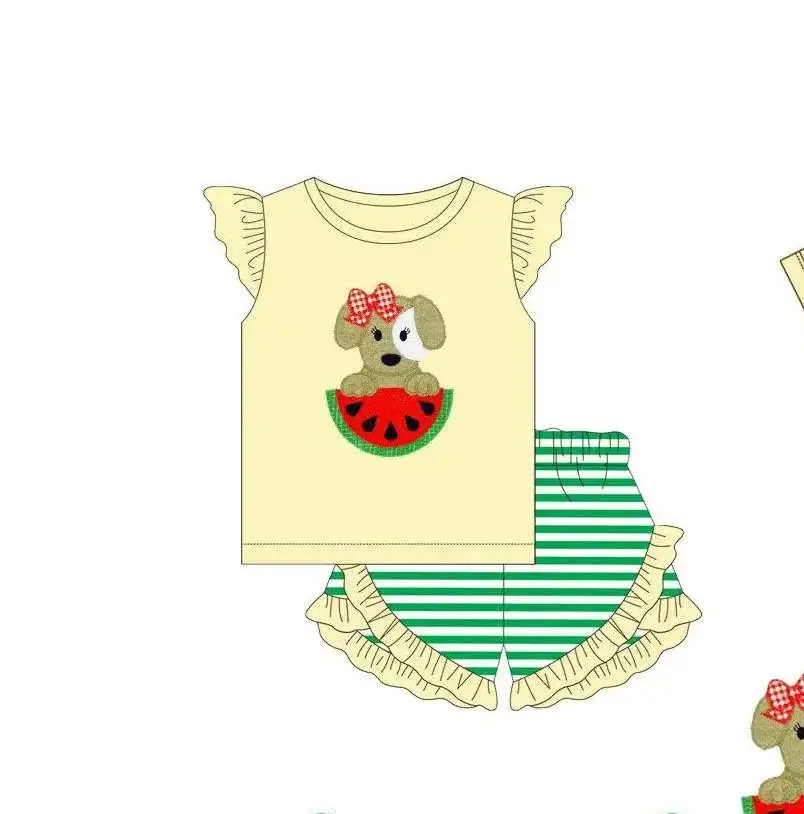 Wholesale Children Boutique Clothes Print Baby Girls Dog Watermelon Flutter Sleeve Tunic Summer Boys Shorts Sets