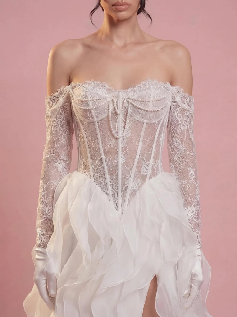 

Flowing Ruffles Mermaid Wedding Dress With High Slit Romantic Lace Pearls Corset Bodice Bridal Gown Customized No Gloves