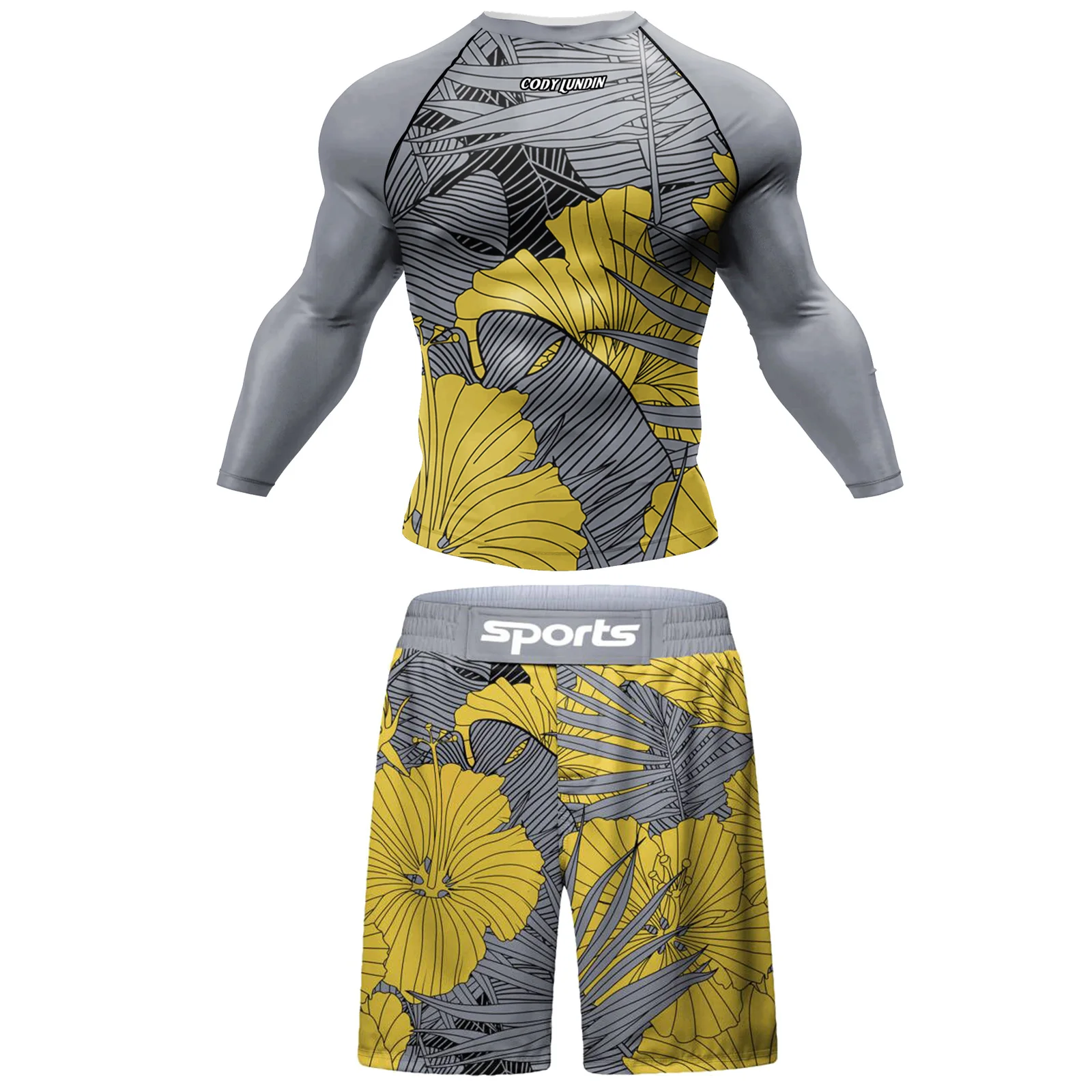 Cody Lundin T-shirt e pantaloni fitness modello giallo per uomo MMA Rashguard Jiu Jitsu Pantaloncini in jersey Palestra BJJ Tute sportive da boxe