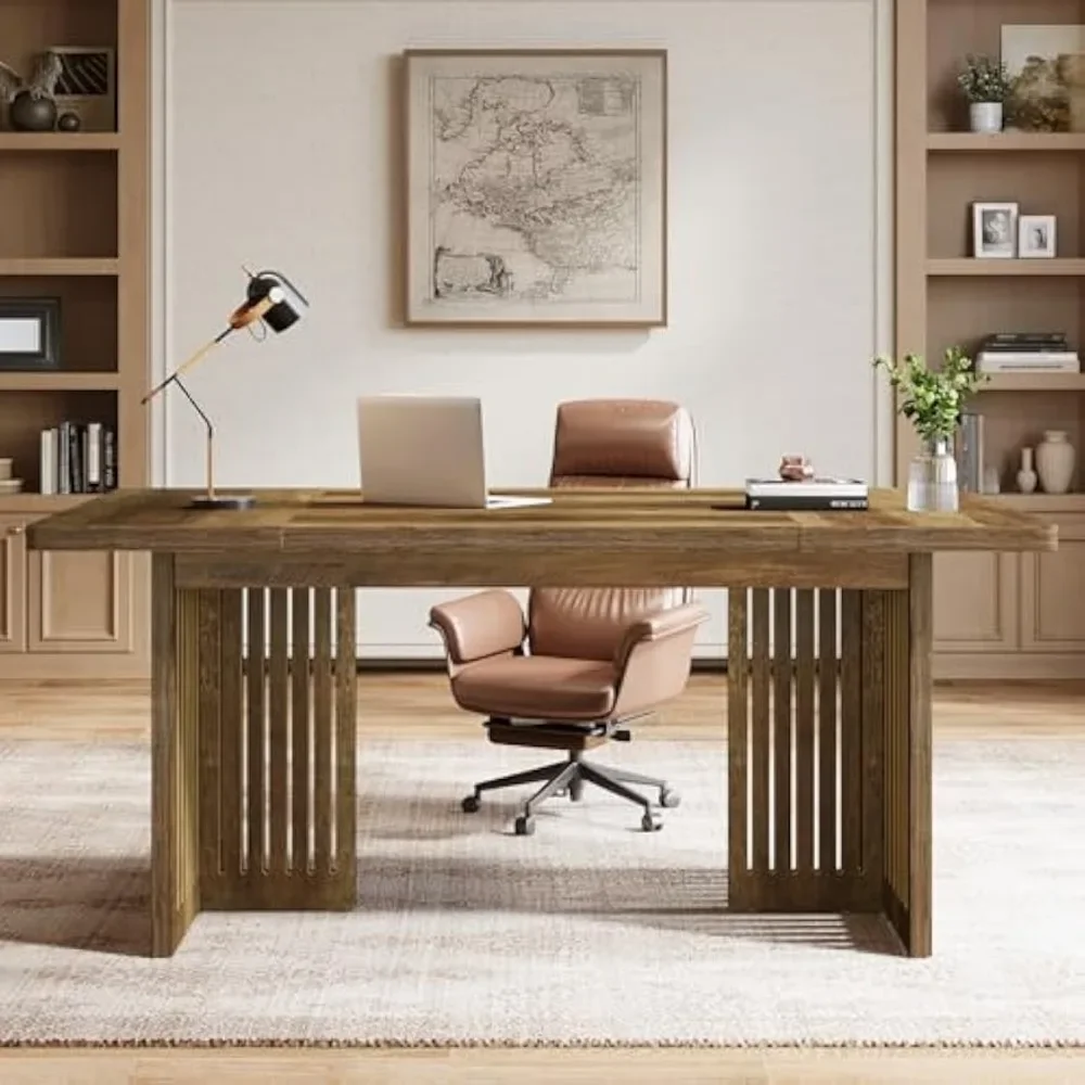 63-Inch Executive Desk, Large Computer Desk with Sturdy Wood Legs & Thickened Tabletop, Mid-Century Modern Study Writing