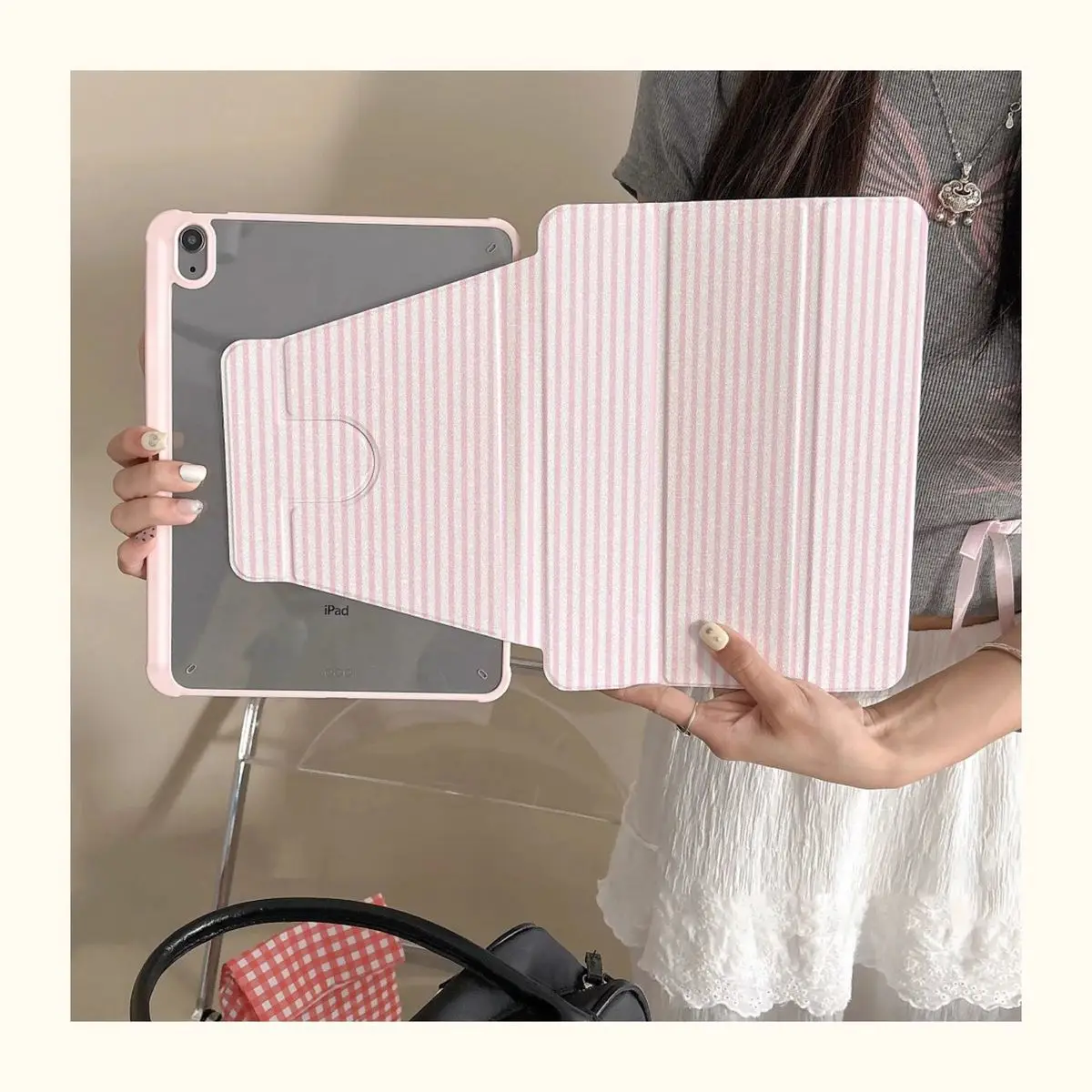 Rotating 3 Fold Pink Stripe iPad Case For iPad Pro 11 13in 2025 iPad Pro 12.9in Air7 10th 11th M4/5 Anti-fall Protective Cover