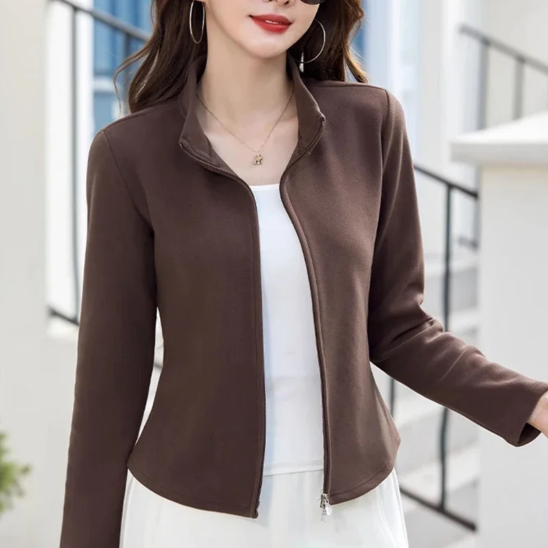 

Женская бейсбольная куртка, осень-зима 2021, однотонная куртка на молнии, женская корейская тонкая темпераментная повседневная бархатная верхняя короткая куртка y2k