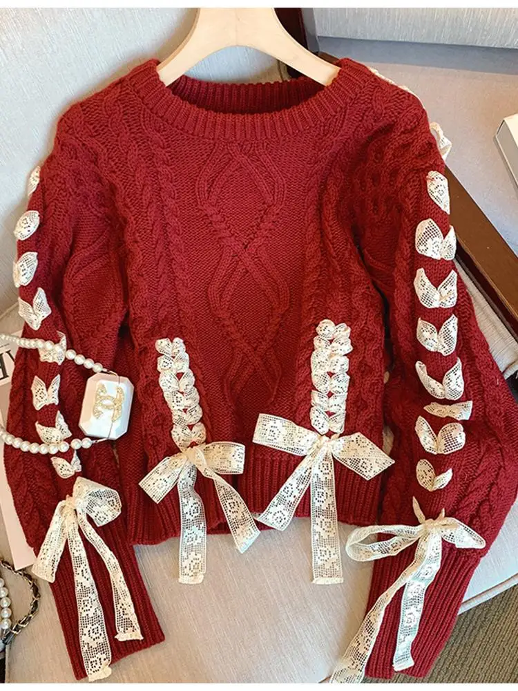 Women\'s Christmas Red Pullover Knitted Sweater Elegant Harajuku Y2k Long Sleeves Knit Sweaters Jumper Vintage 2000s Clothes 2024