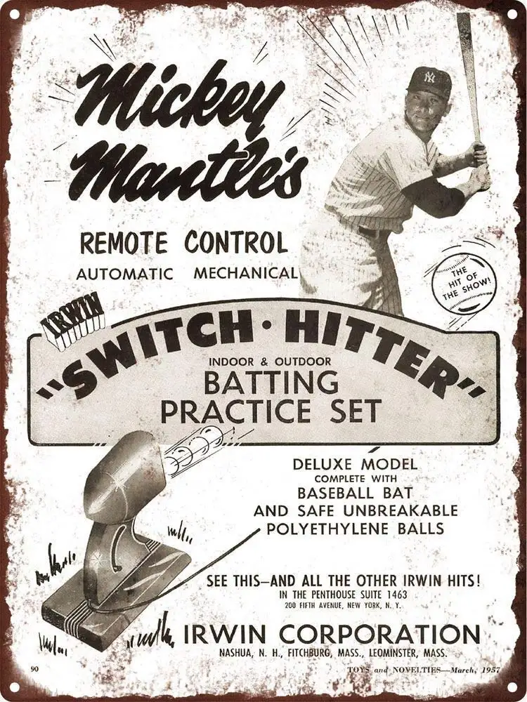 SLALL New Yk Yankee Mantle Switch Hitter Baseball Metal Retro Vintage Tin Sign Novelty Unique Simple Gift Bar Cafe Home W