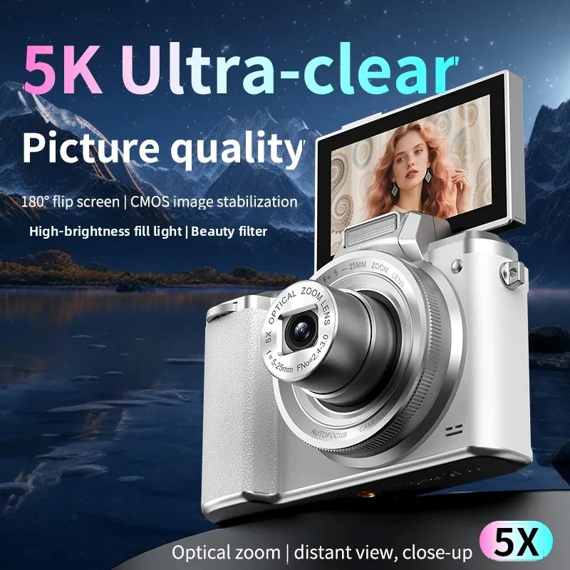 5K Ultra-Clear Digital Camera Newly Upgraded with 180° Flip Screen 64MP Beauty Filter Fill Light Vlog Selfie Camera