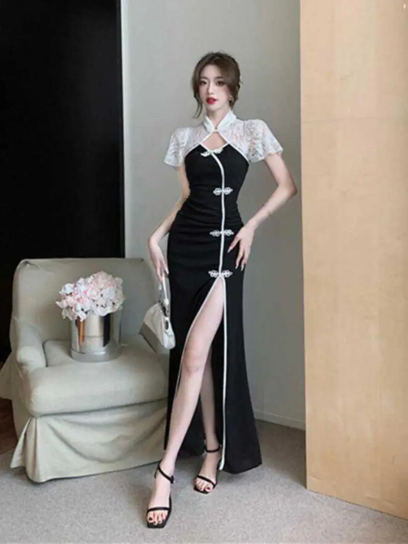 فستان تشيباو الصيني الجديد مقاس كبير، فستان شيونغسام أنيق، تنورة طويلة بفتحة متعرجة للنساء على الطراز الوطني فستان تشيباو حديث #1