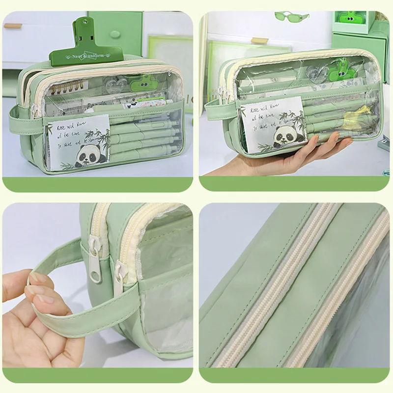 Imagem -05 - Kawaii Transparente 3-layer Papelaria Pouch Pen Case Grande Capacidade para o Estudante Organizador de Material Escolar Bolsas de Lápis de Pvc