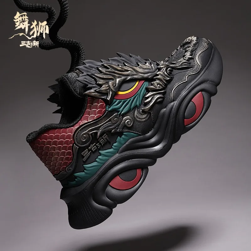 Men Chunky Sneakers Chinese Lion Dance Totem Embossed Rubber Sole Lightweight Wear‑Resistant Elevated Street Casual Male Shoes.