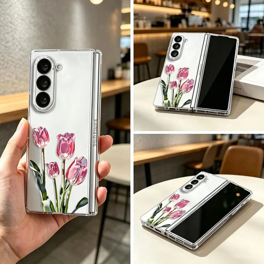 Pink Tulip Print Case for Samsung Galaxy Z Fold 8 Ultra ZFold5 Z Fold 7 6 5 4 3 ZFold4 ZFold3 ZFold7 ZFold6 Back Phone Cover