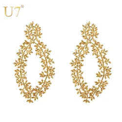 U7 Women Dangle Earrings Bohemian Hollow Drop Earring Charm Big Leaf Gold Color Vintage Fashion Jewelry for Mother's Day