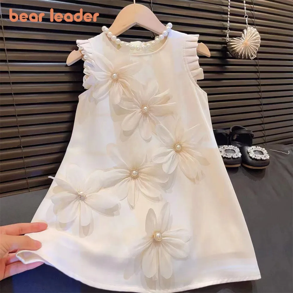 Bear Leader 2-7 Years Summer New 3D Flower Vest Dress Girl's Princess Dresses Baby Kids Clothing Wedding Party Elegent Clothes