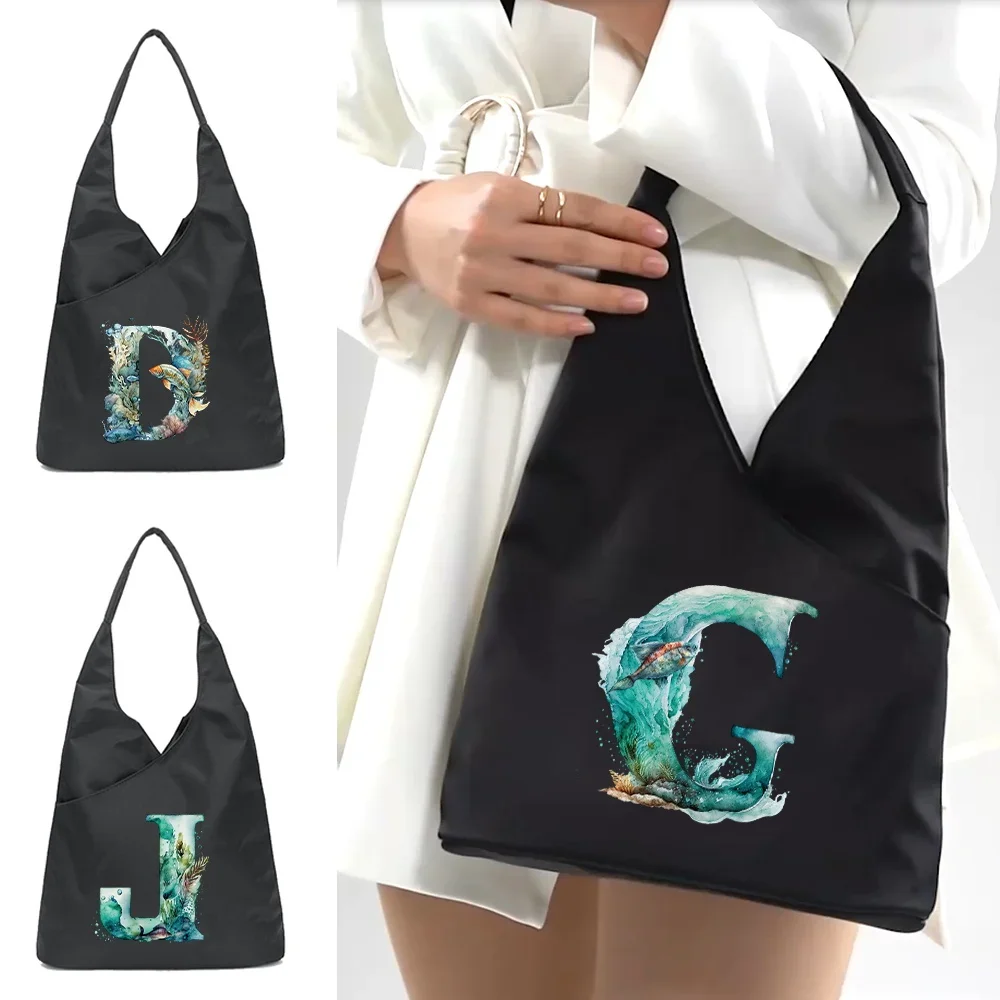 Fish Letter Printing Pattern Shoulder Bag  Ladies Outdoor Shopping Bags Eco-friendly Reusable Storage Bag Underarm Bags Handbag