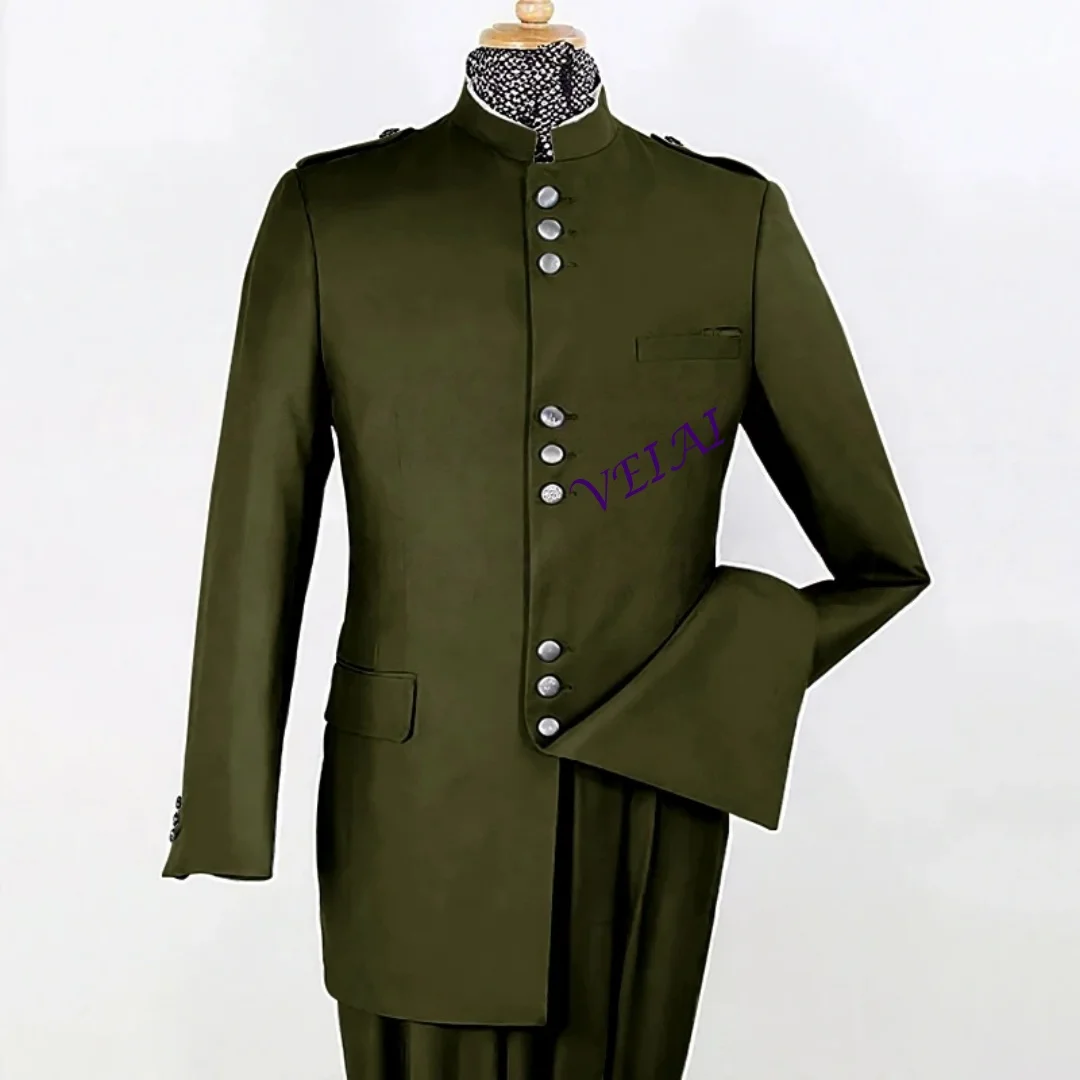 

Chic Gray Single Breasted Men's Suits Stand Lapel Slim Fit 2 Piece Jacket Pants Outfits Male Clothing Elegant Office Customized