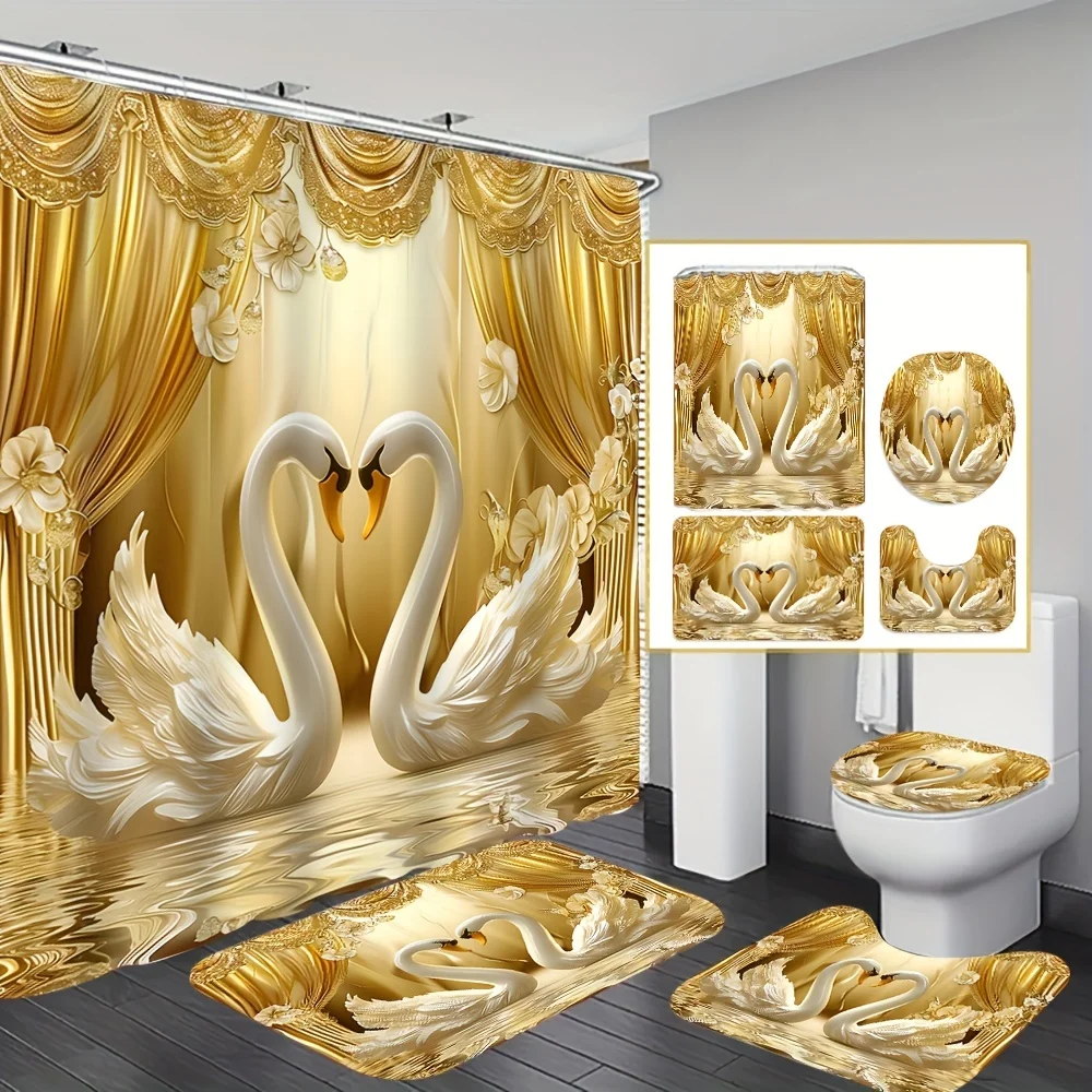 

Luxurious Golden Swans and Curtains Bathroom Set - Waterproof Shower Curtain, Toilet Lid Cover, Bath Mat, and Contour Mat