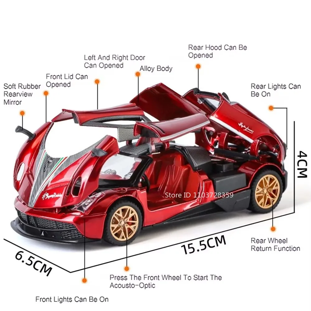 1:32 pagani vento deus modelo de carro esportivo brinquedos liga diecast huayra dinastia supercares som luz portas abertas puxar para trás meninos presentes