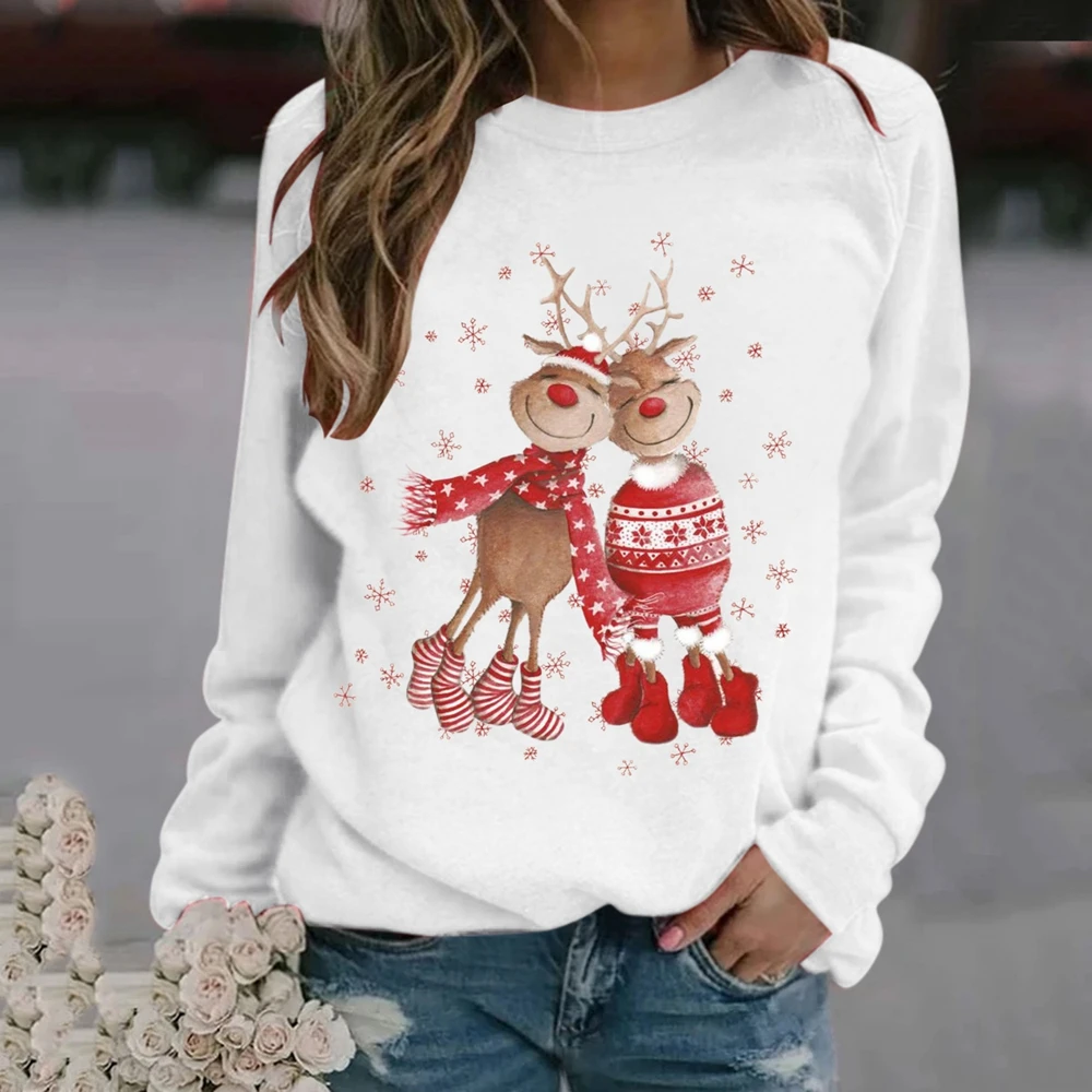 2023 New Christmas Hoodie  Women's Casual Long Sleeve T Shirts Ladies Print Autumn O-Neck Loose Party Femme Loungewear Tee Top