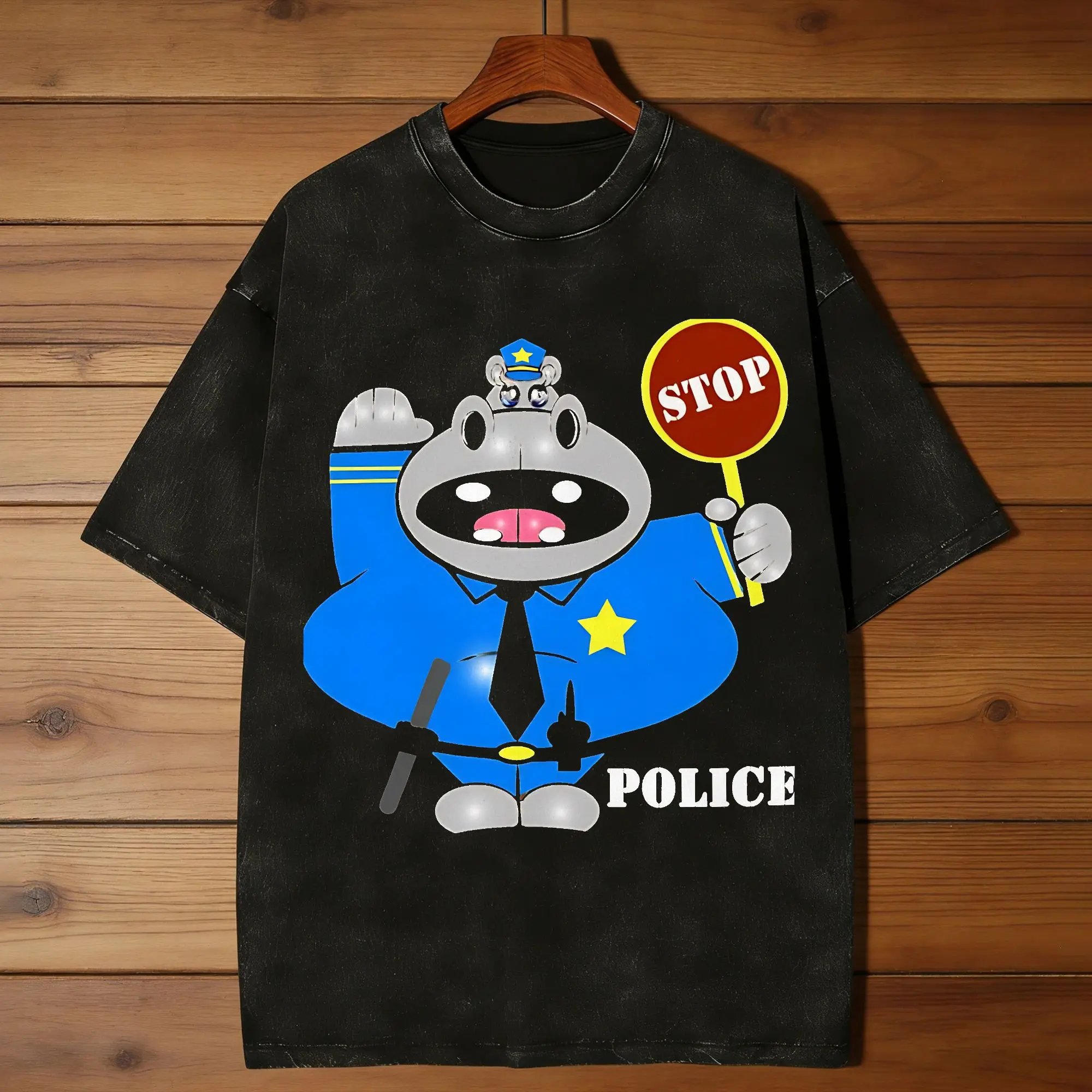 Hippo traffic police T-Shirts Men  Humor Pure Cotton Tees Crewneck Short Sleeve T Shirt Gift Idea Tops