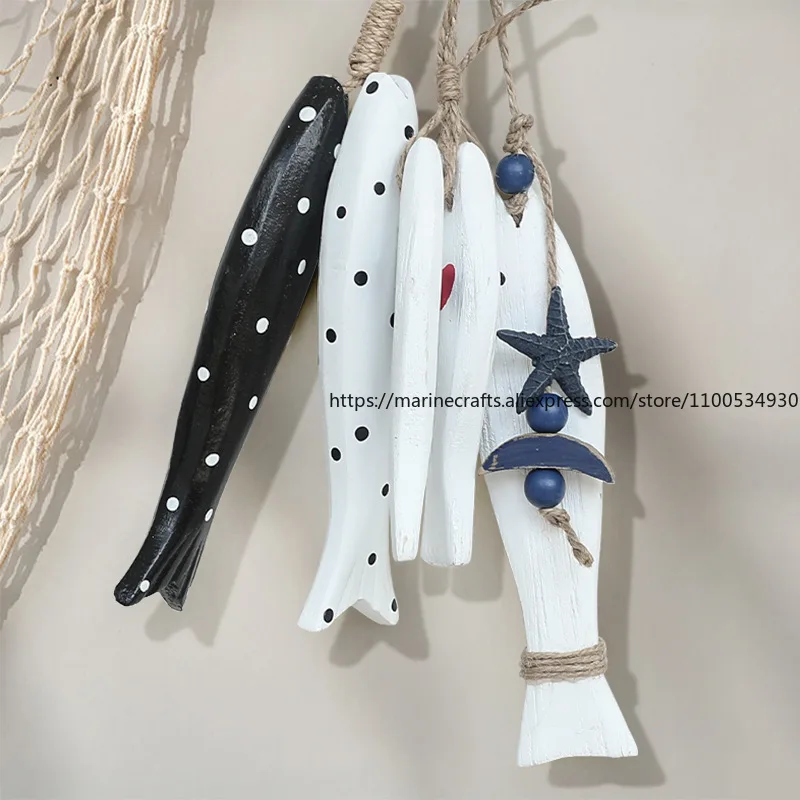Mediterranean Style Distressed Wooden Fish String Wall Ornament Shooting Backdrop Wall Prop Wall Hanging Decoration