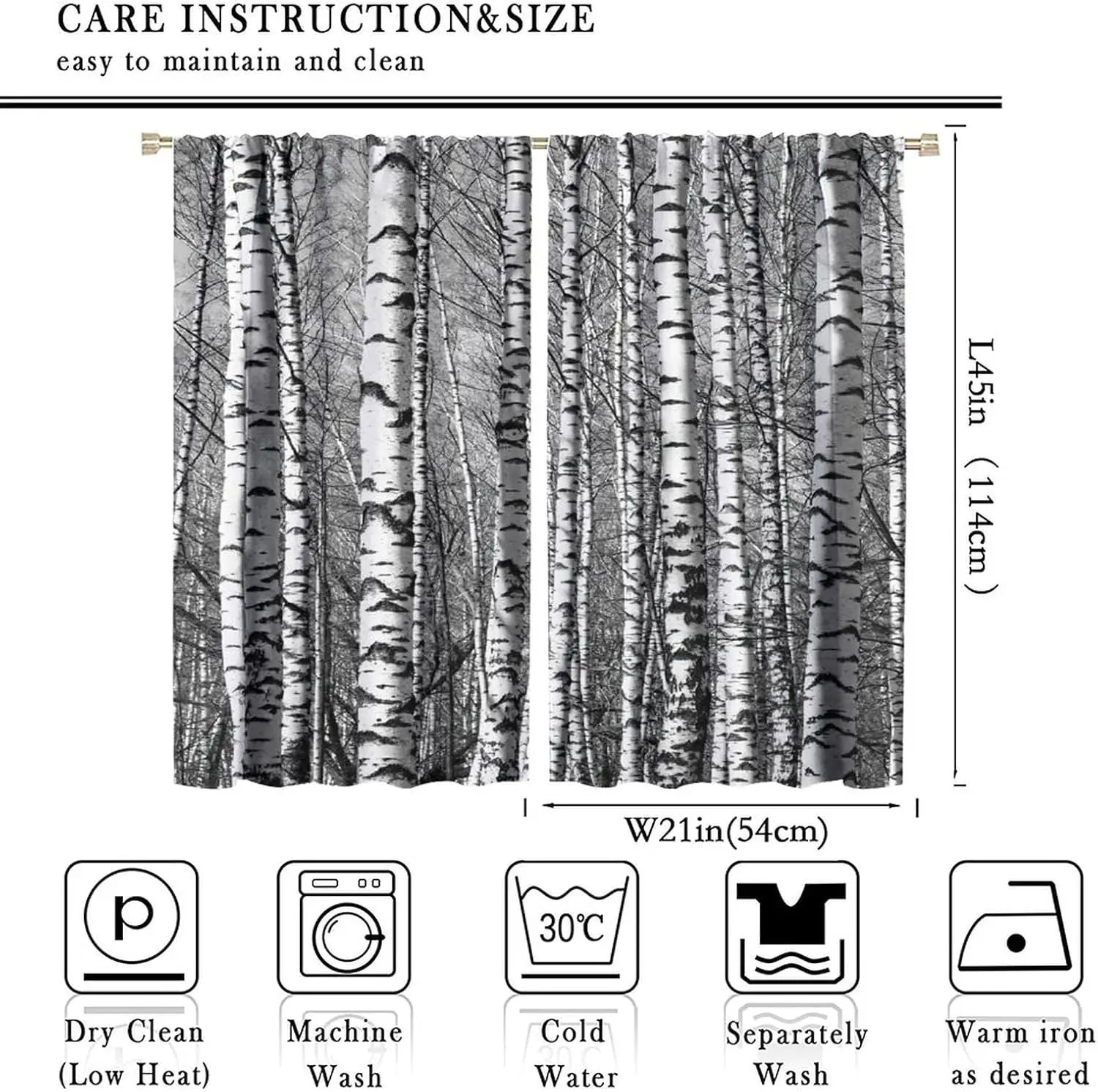 Black and White Birch Blackout Curtains,White Birch Tree Forest Abstract Trunk Decor Window Door Curtain for Bedroom Bathroom