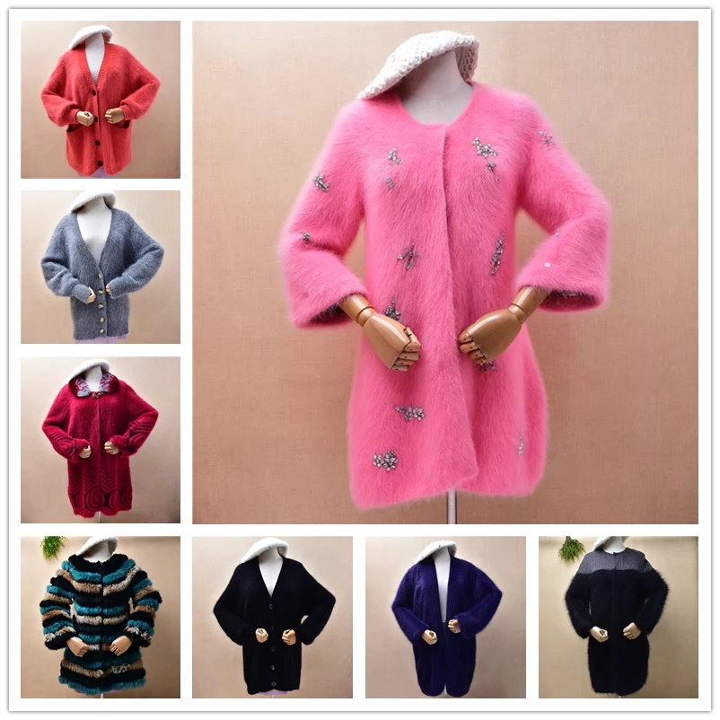 

Женский Mujer, осенне-зимний толстый теплый розовый кардиган с бисером из волосатого норкового кашемира, вязаный тонкий кардиган с рукавами три четверти, куртка-свитер