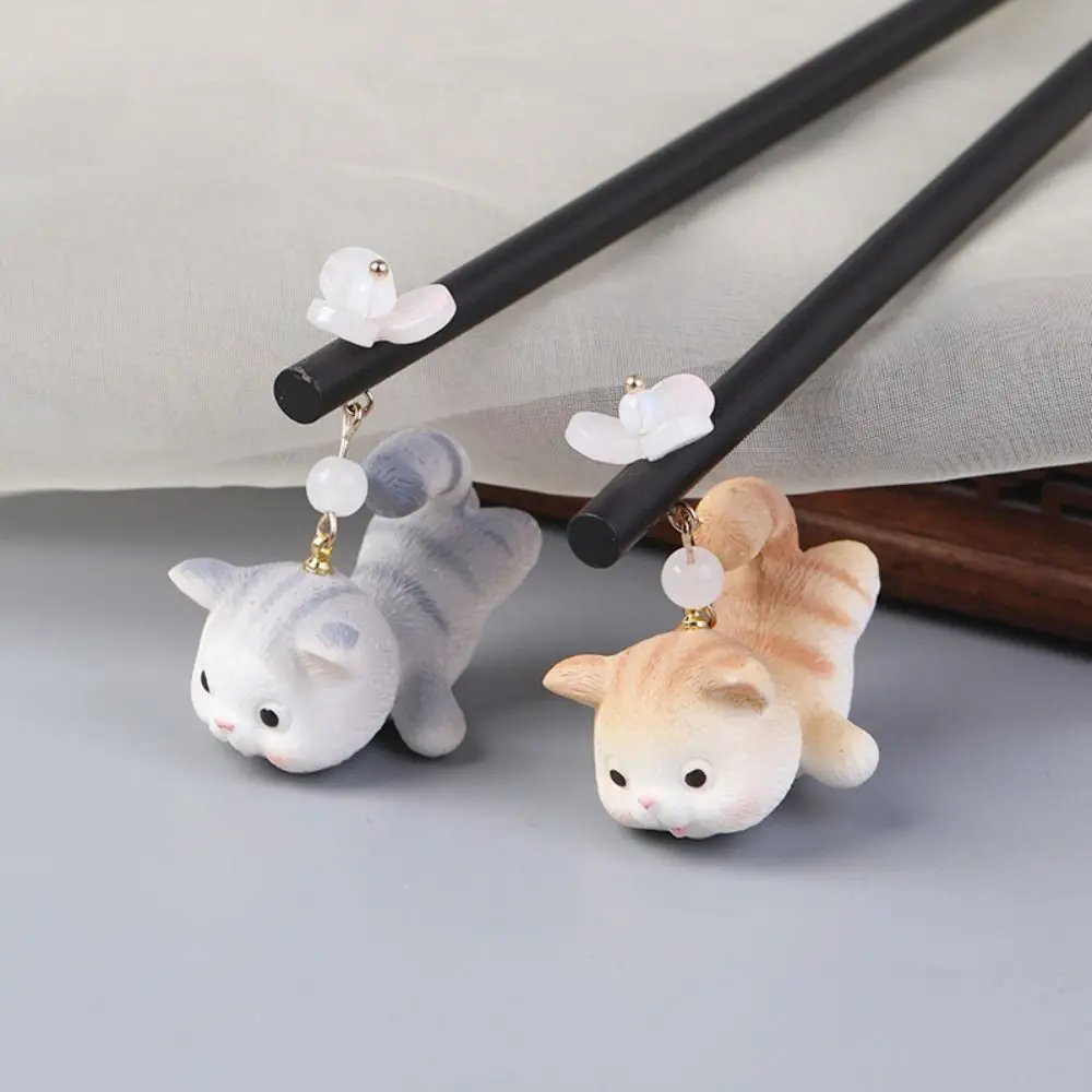 Cute Cat Wooden Hair Stick Tassel Chinese Style Hanfu Hairpin Hair Chopstick Hair Sticks for Buns Hanfu Accessories