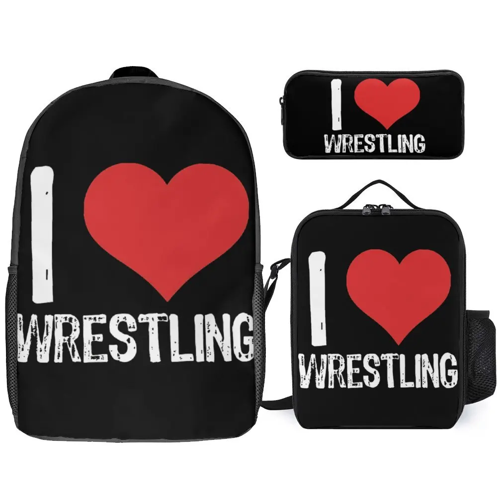 

I Love Wrestling Throw Pillow For Sale 3 in 1 Set 17 Inch Backpack Lunch Bag Pen Bag Secure Lunch Tote Cosy Sports Activities N