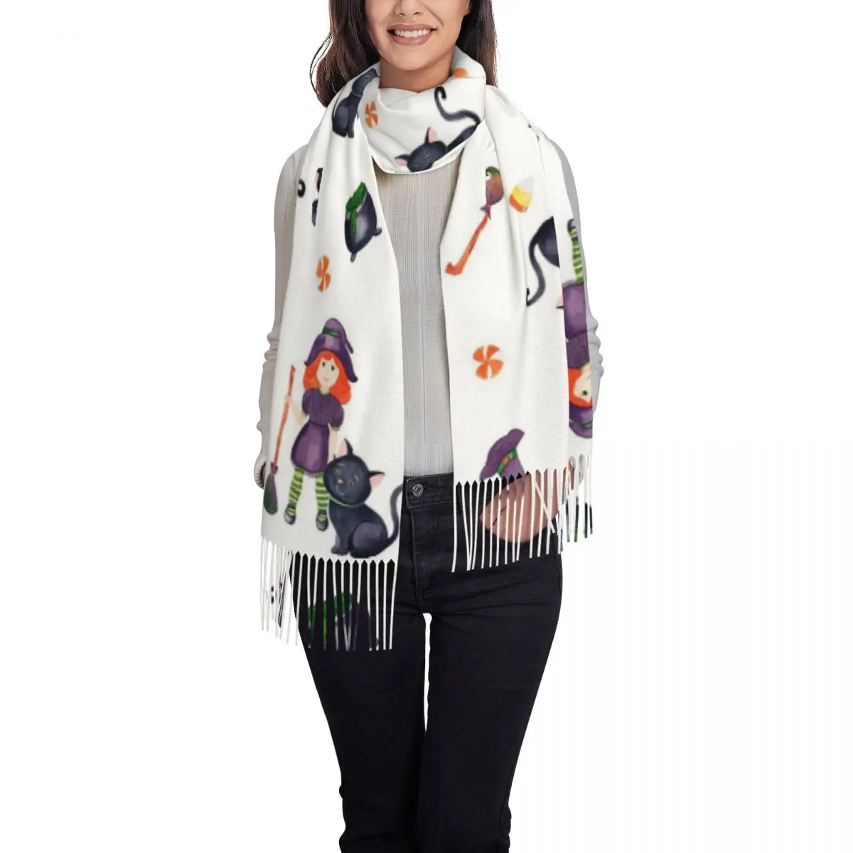 Witch Black Cat Pumpkin Halloween Pattern Scarf Tassel Scarves for Women Soft Warm Shawls and Wraps Large Fall Winter Shawl Wrap
