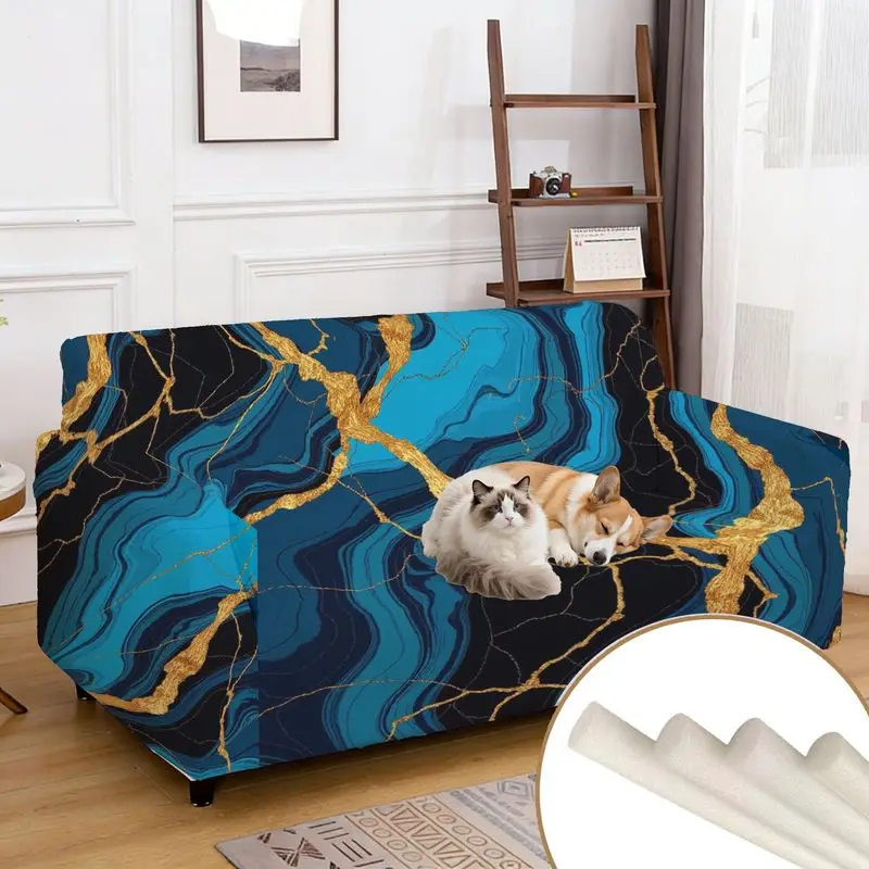 Sofa cover blue and black 2D flat pattern marble texture with gold crack pattern, luxury style integrated