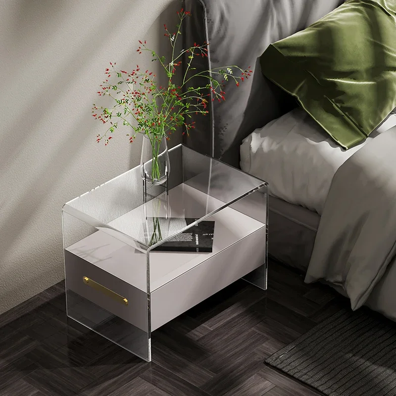アクリルベッドサイドテーブル、シンプルでモダンなサイドテーブル、ベッドサイドシェルフ、家庭用寝室用のシンプルな透明コーヒーテーブルロッカー