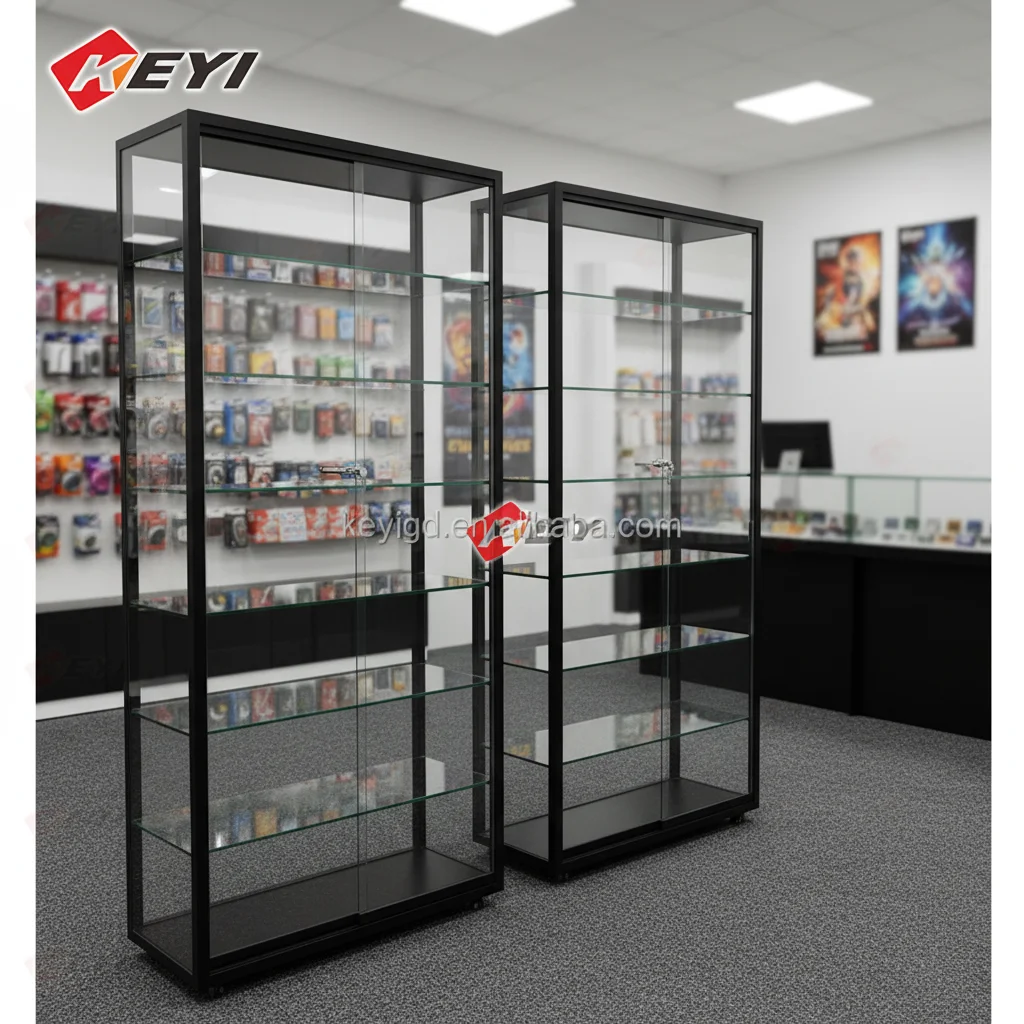 Custom Full Vision Tempered Glass Display Shelves Metal Frame Glass Display Showcase With Lock for Retail Store