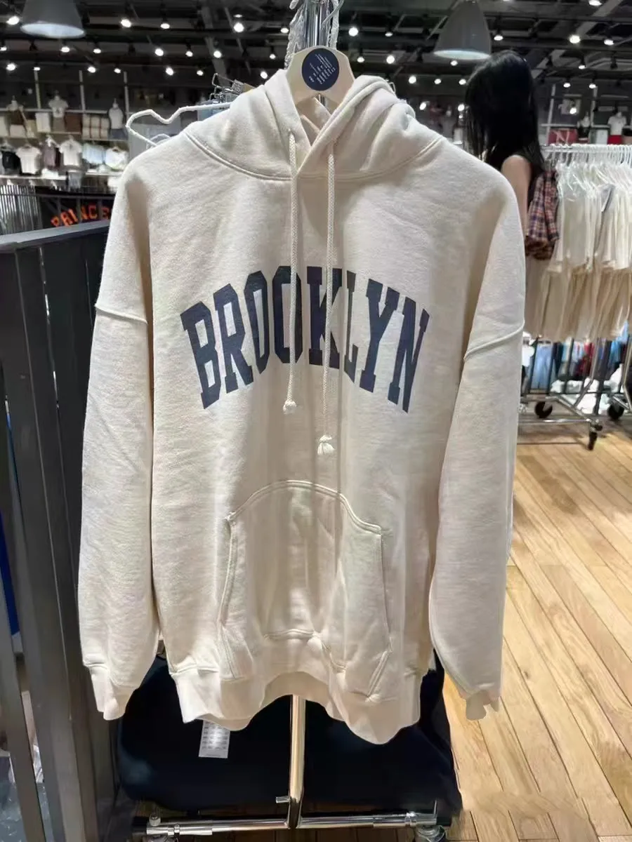 Brandy Girl Brooklyn Letter Print Hoodie Women's Loose Fit Street Style Long Sleeve Cotton Fleece Lined Sweatshirt