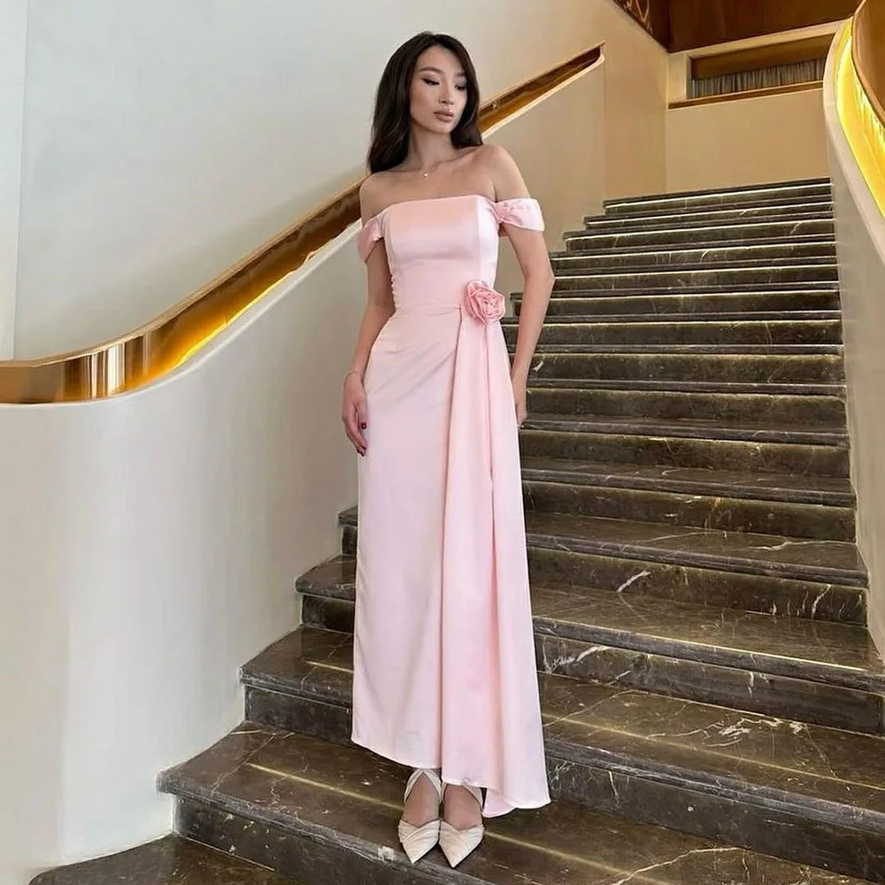 

Msikoods Baby Pink Satin Party Dress Off The Shoulder Simple Graduation Dress Draped Bridesmaid Gown Gala Women Prom Dress