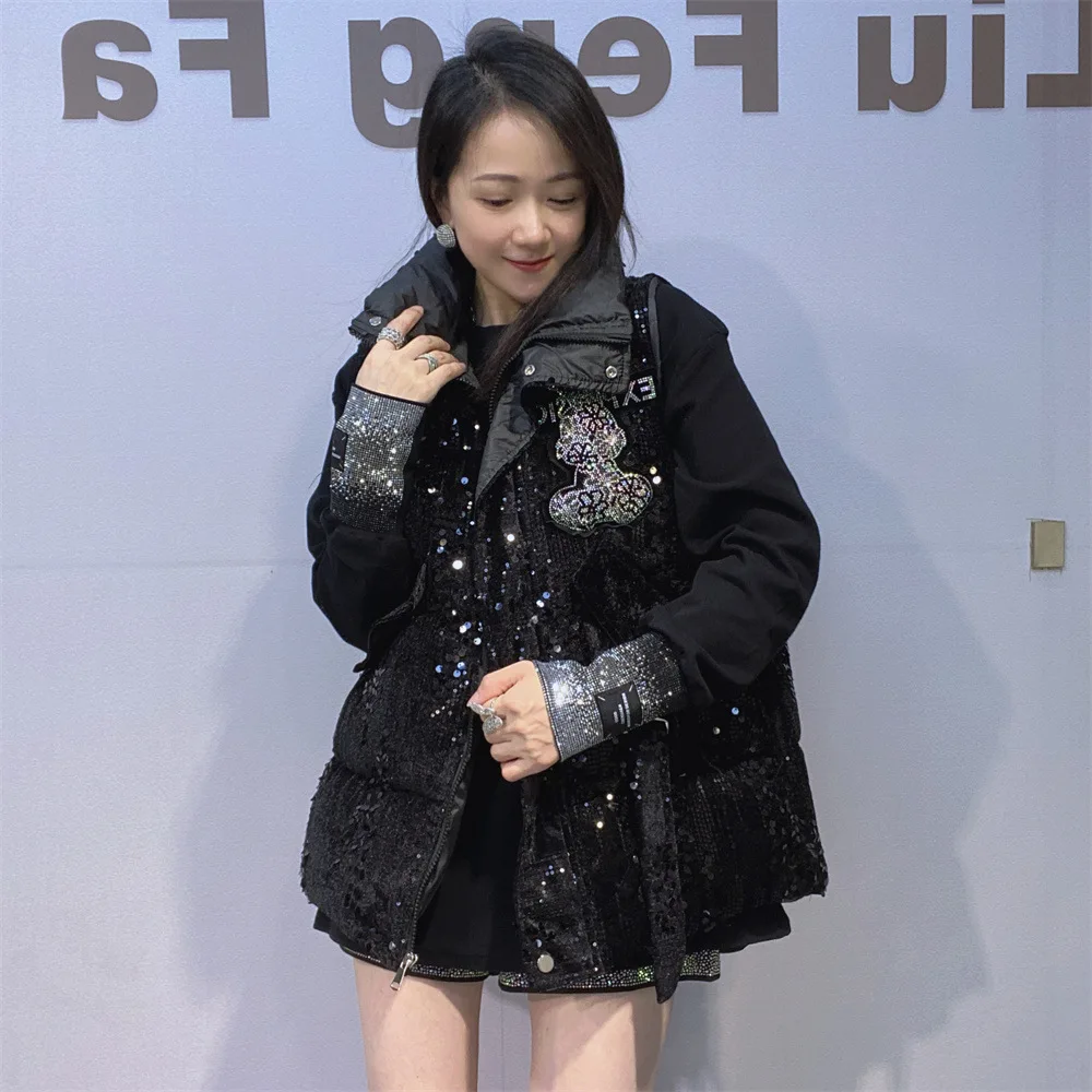 

Большой кардиган без рукавов с вышивкой и блестками, женская одежда, черный жилет, жилет с рисунком бриллиантов, свободный наряд Жилетка Зимняя