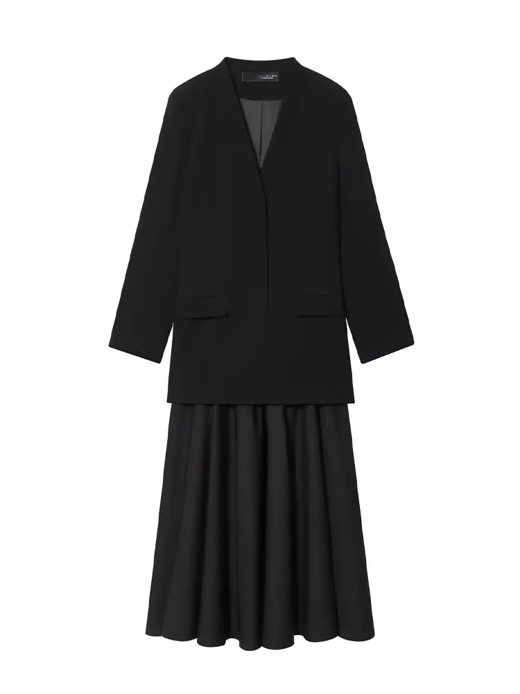 

HH Summer Woman Trend Elegant Long Sleeves Splicing Flip Decoration Solid Suit Dress Female V-Neck Street Style Long Dress