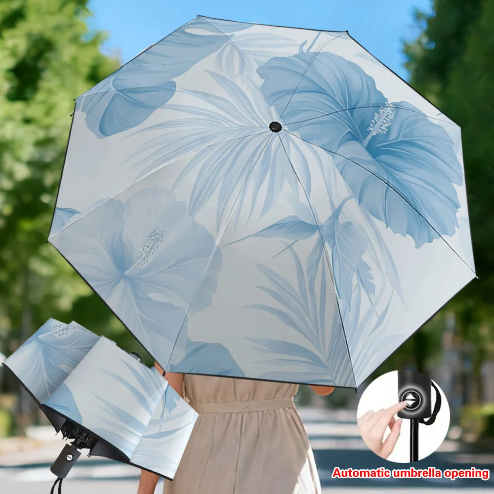 

1pc Open/Close Blue Hibiscus Flower & Monstera Leaf Umbrella - Blocking, 8-Rib Heavy-Duty Frame, Compact Portable Folding Para