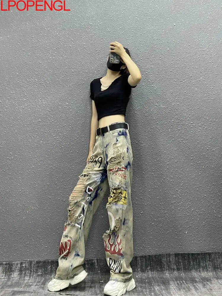 Fashion Color Printed Personalized Do Old Ripped Gothic Jeans Women's Spring And Summer Button High Waist Loose Mopping Pants