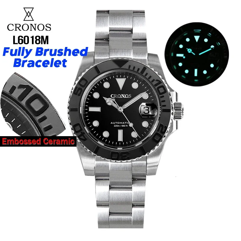 Cronos Sub Diver Men Watch Stainless Steel PT5000 Brushed Bracelet Ceramic Bezel 200 meters Water Resistant L6018