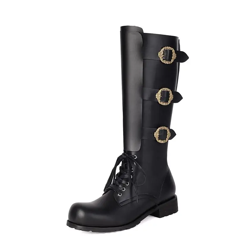 Steampunk Mittelalterliche Retro Motorradstiefel aus PU-Leder mit Schnalle, kniehohe Stiefel für Herren, Renaissance Cosplay, runde Zehenschuhe 2026 – Detail 3
