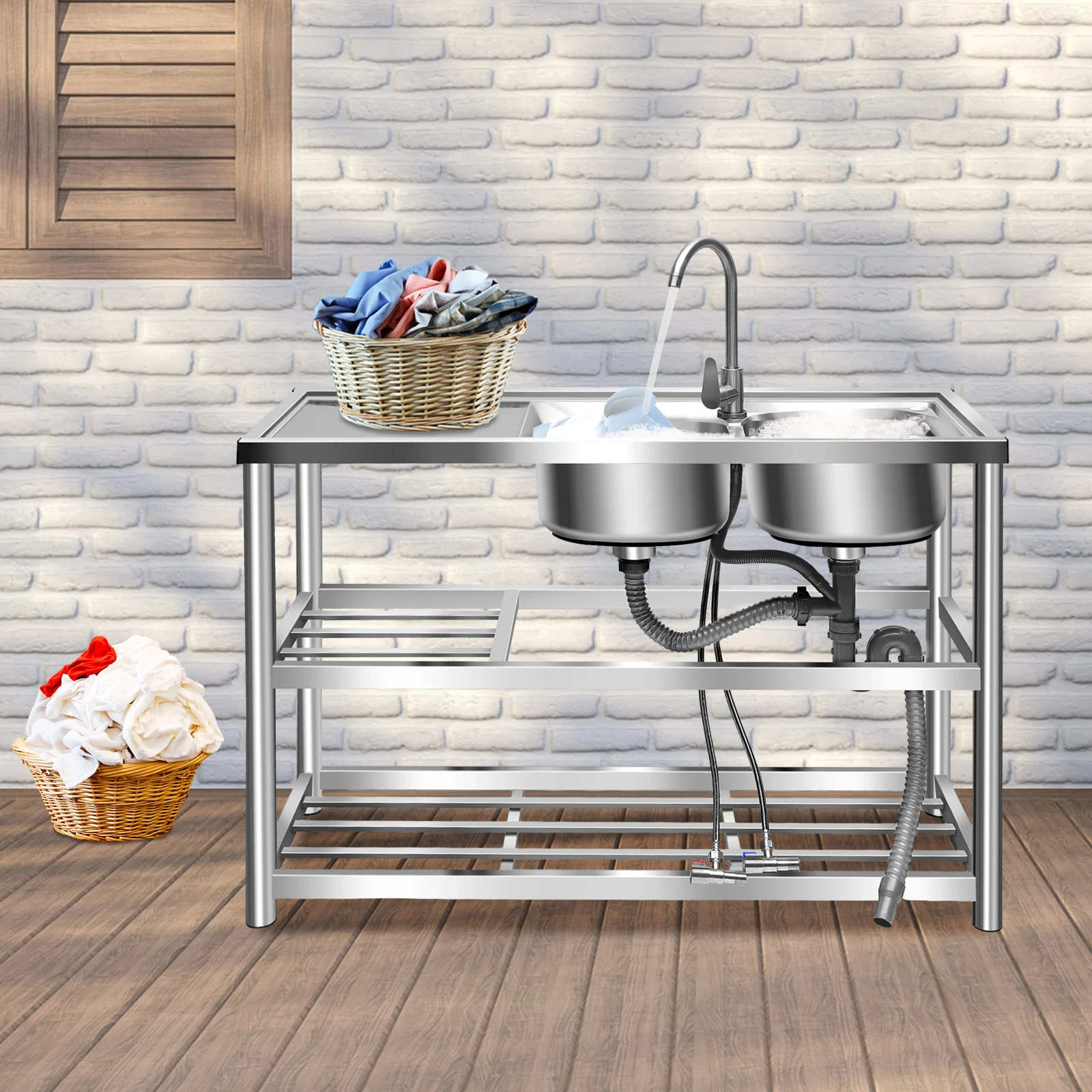 

Stainless Steel Commercial Sink Kitchen Utility Sink 2 Compartment + Prep Table