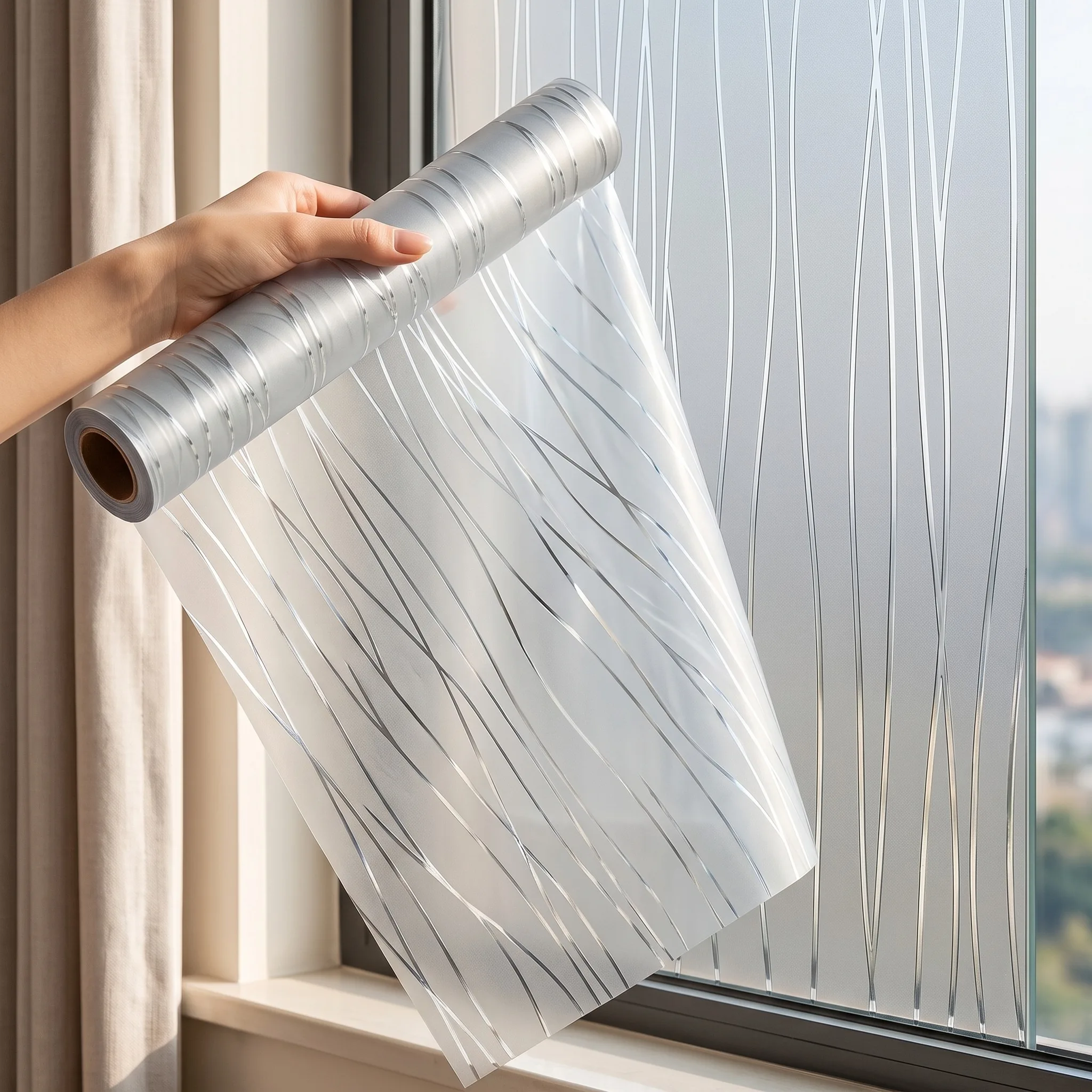 Static Cling No Glue Frosted Window Film Silver Wavy Curve Pattern Privacy Glass Film, Modern Elegant Decor for Bathroom Bedroom